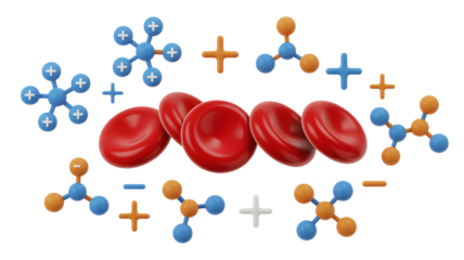 Red blood cells surrounded by molecules with positive and negative charges on a black background