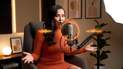 Confident Woman Hosting a Live Podcast from Her Home Studio.