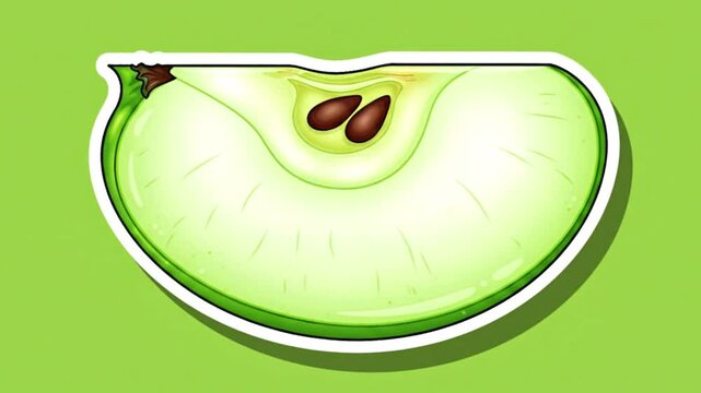 A green apple slice is isolated on a matching green background outlined with white