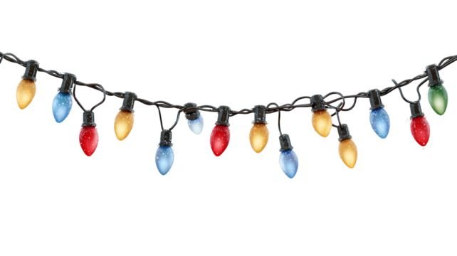 Festive colorful christmas lights string border with glowing bulbs decorative holiday illumination on transparent background high resolution png for new year design