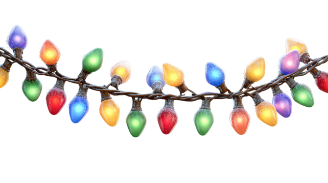 Festive colorful christmas lights string border with glowing bulbs decorative holiday illumination on transparent background high resolution png for new year design