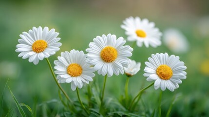 Vibrant Close-Up of White Daisies with Bright Yellow Centers in a Lush Green Horizon, Capturing the Essence of Spring and Nature's Beauty
