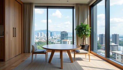 Fototapeta premium Modern office interior with panoramic city views and minimalist furniture.