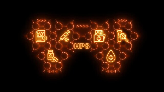 HPS Network Icons Neon Orange Glow on Black Background. 4k video