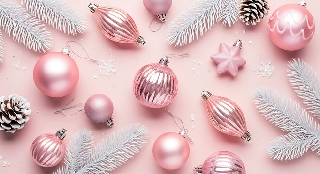 A beautiful arrangement of pink Christmas ornaments and frosted pine branches on a soft pink background.