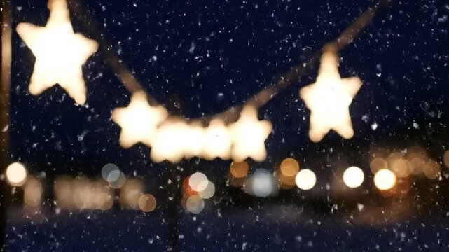 Snowy Night with Starry Light Garland Animation of Falling Snowflakes and Bokeh Lights in the Dark Blue Background for Christmas Holiday Season Promotion Campaign Event 198 Characters