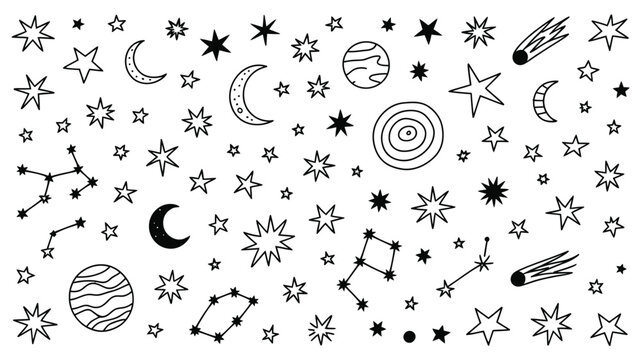 A seamless pattern of hand drawn stars constellations comets and planets on a white background surface silhouette