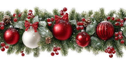 Christmas garland border with ornaments and red berries on white background festive winter decoration high resolution PNG style frame for greeting card banner and design projects

