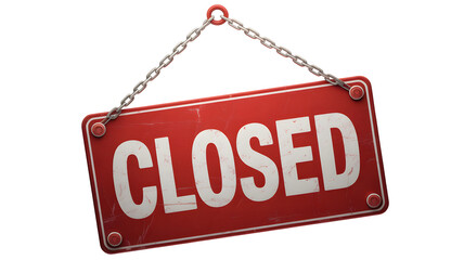 A red closed sign hanging from a chain against a black background for business closure notice