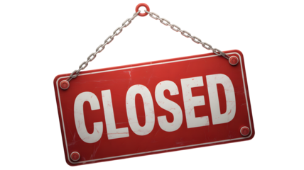 A red closed sign hanging from a chain against a black background for business closure notice
