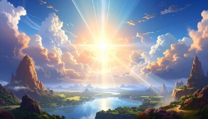 Beautiful religious image, bright light from heaven, light of hope and happyness from sky. 