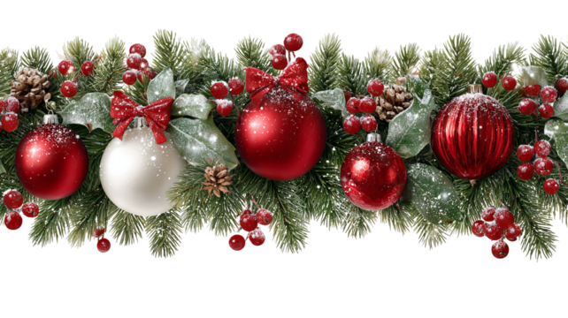 Christmas garland border with ornaments and red berries on white background festive winter decoration high resolution PNG style frame for greeting card banner and design projects
