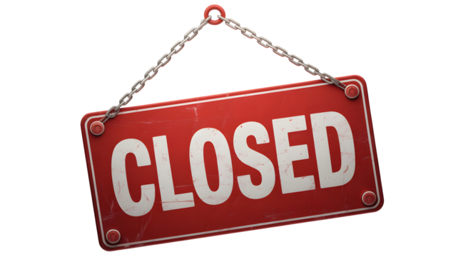 A red closed sign hanging from a chain against a black background for business closure notice