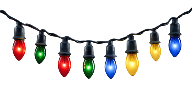 Festive christmas lights garland with glowing colorful bulbs on transparent background bright holiday illumination high resolution png for seasonal greeting banner and celebration design