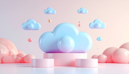 Whimsical 3d illustration of a pastel blue cloud centerpiece on a pink podium surrounded by soft pink organic shapes and floating blue clouds against a gradient background