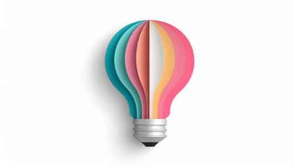 Obraz premium A vibrant layered paper cutout of a lightbulb in a hot air balloon shape symbolizing creativity innovation and new ideas on a clean white background