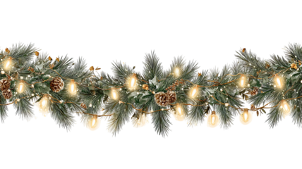 Christmas conifer garland with lights isolated on transparent background high resolution PNG clipart festive decoration for holiday cards invitations and web

