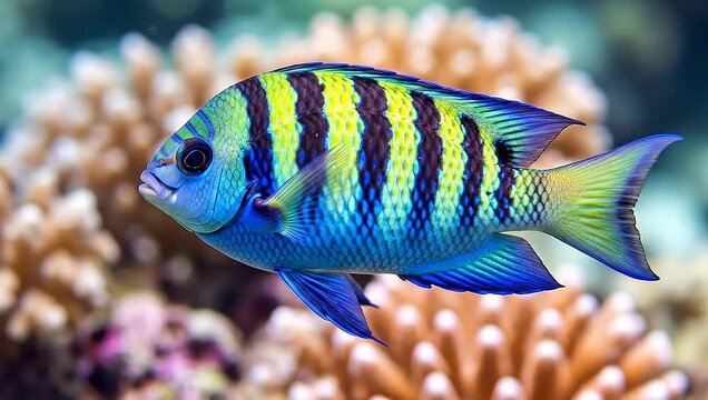 Vibrant Sergeant Major Fish Swimming Amidst Coral Reef Ecosystem.