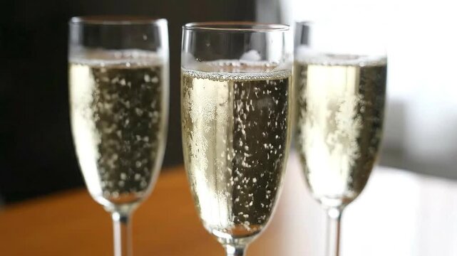 Sparkling Celebration Three Glasses of Champagne with Effervescent Bubbles on Wooden Tabletop in Soft Natural Lighting Holiday Celebration and Party Drinks Toast 190