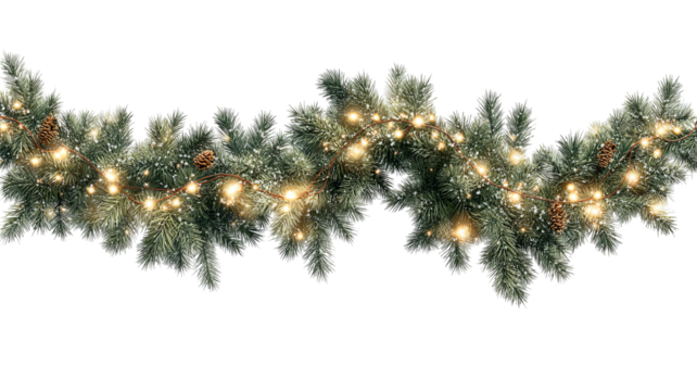 Christmas conifer garland with lights isolated on transparent background high resolution PNG clipart festive decoration for holiday cards invitations and web
