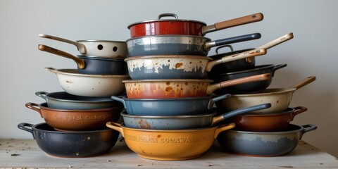 Stacked cookware showcasing various colors and textures on a rustic surface.