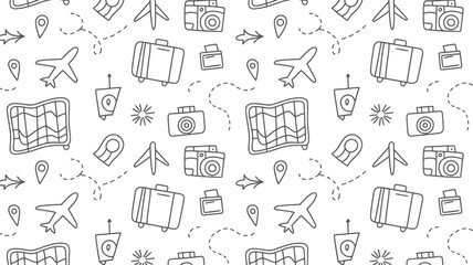 Seamless pattern featuring travel elements such as airplanes suitcases and cameras in black and white silhouette