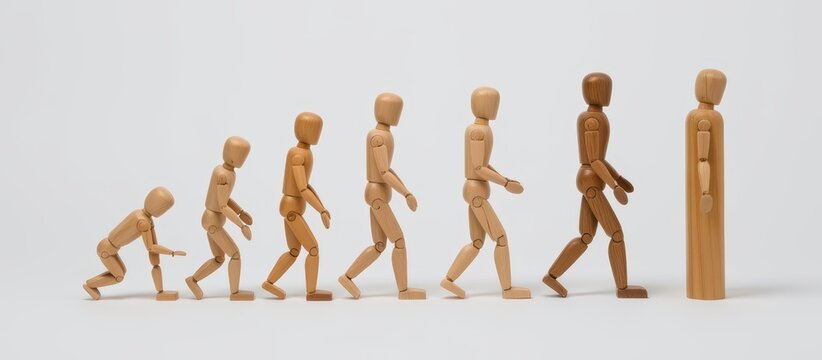 Evolution of wooden mannequins showcasing different stages of development.