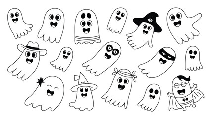 Collection of cute cartoon ghosts in various costumes and expressions for halloween illustration art silhouette