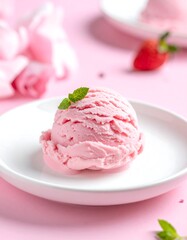 Pink ice cream scoop on white plate