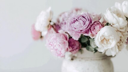 Elegant bouquet of pink and white flowers in a ceramic vase