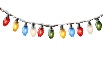 Colorful christmas lights string isolated on transparent background festive glowing multicolored bulbs decoration high resolution png for holiday and new year design
