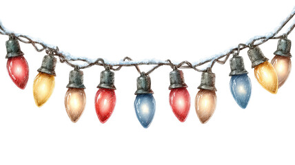 A string of colorful vintage christmas lights hanging isolated on white background high resolution png style festive retro illumination garland for decoration design and holiday projects