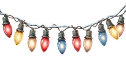 A string of colorful vintage christmas lights hanging isolated on white background high resolution png style festive retro illumination garland for decoration design and holiday projects