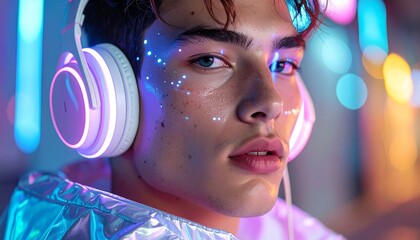 Futuristic fashion model wearing holographic headphones, neon reflections, editorial photography style