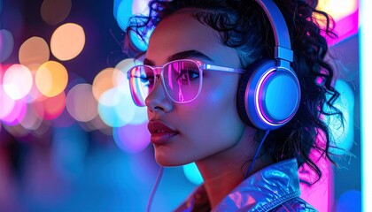 Futuristic fashion model wearing holographic headphones, neon reflections, editorial photography style
