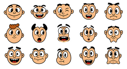 Cartoon Expression Set: Collection of Animated Faces Displaying Various Emotions
