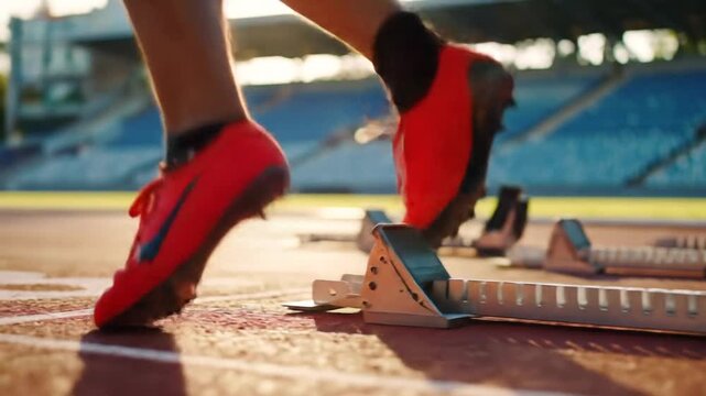 Athlete Ready to Sprint from Starting Blocks in Stadium