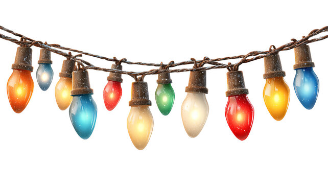 A string of colorful vintage christmas lights hanging isolated on white background high resolution png style festive retro illumination garland for decoration design and holiday projects