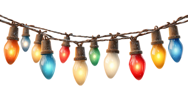 A string of colorful vintage christmas lights hanging isolated on white background high resolution png style festive retro illumination garland for decoration design and holiday projects