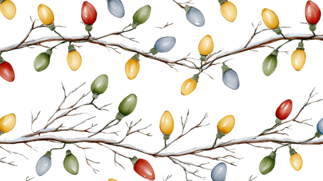 Christmas decoration seamless pattern with pine branches and colorful lights isolated on white background high resolution png style festive design for wrapping paper textile and holiday projects