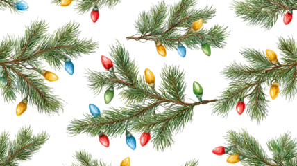 Christmas decoration seamless pattern with pine branches and colorful lights isolated on white background high resolution png style festive design for wrapping paper textile and holiday projects