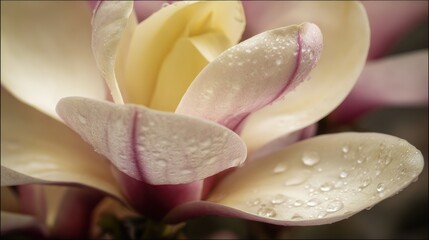 Magnolia blossom macro photography showing detailed petals and water droplets