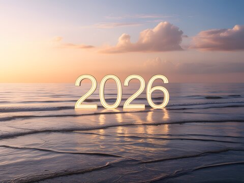 Glowing 2026 numbers reflecting on a serene ocean surface at sunset