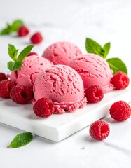 Pink ice cream scoops with raspberries (1)