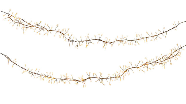 Two strands of warm white string lights isolated on transparent background high resolution PNG clipart LED fairy garland for holiday cards invitations and web