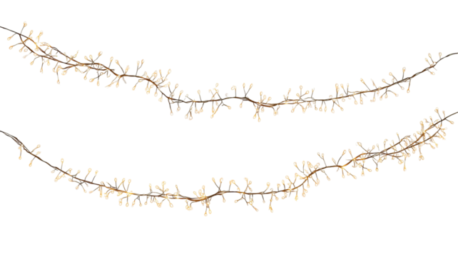 Two strands of warm white string lights isolated on transparent background high resolution PNG clipart LED fairy garland for holiday cards invitations and web