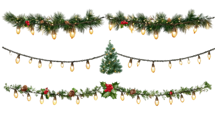 Vector Christmas string lights set glowing LED garlands on transparent background PNG clipart for holiday decoration invitations banners and postcards