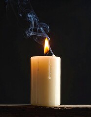 Illuminated Candle with Smoke on Dark Background.