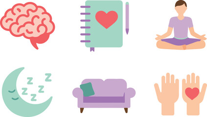 Mental well being concept featuring brain notebook meditation moon couch hands with heart on transparent background