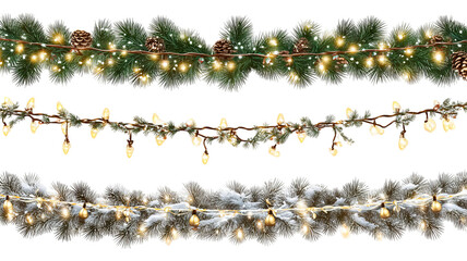 Vector Christmas string lights set glowing LED garlands on transparent background PNG clipart for holiday decoration invitations banners and postcards